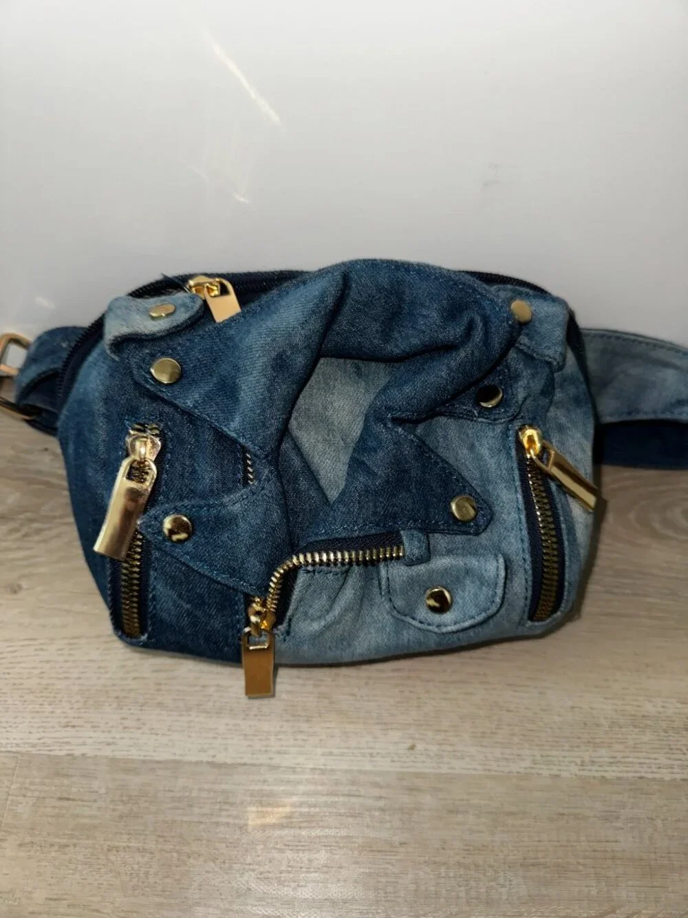 Denim Moto Jacket Style Fanny Pack Blue Jean Crossbody Adjustable